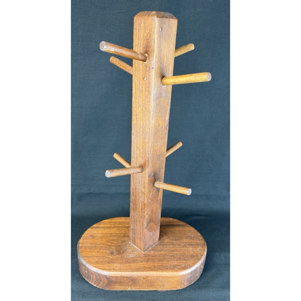 Vintage 8 Cup Coffee Mug Rack Dark Wooden MCM Cottagecore Kitchen